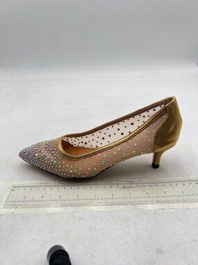 XYD Gold Pointed  Toe Slip On Graceful Mesh Pumps Rhinestone Kitten Heels Shoes